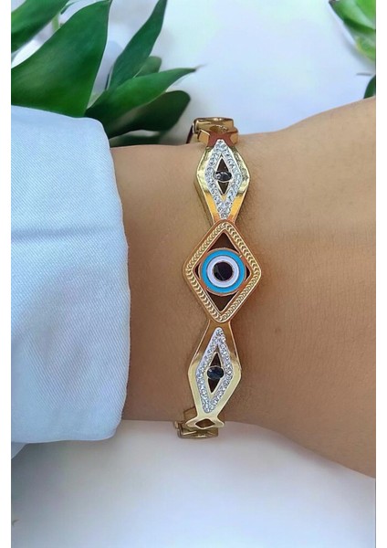 Nazar Boncuklu Etnik Desenli Gold Çelik Kelepçe Bileklik