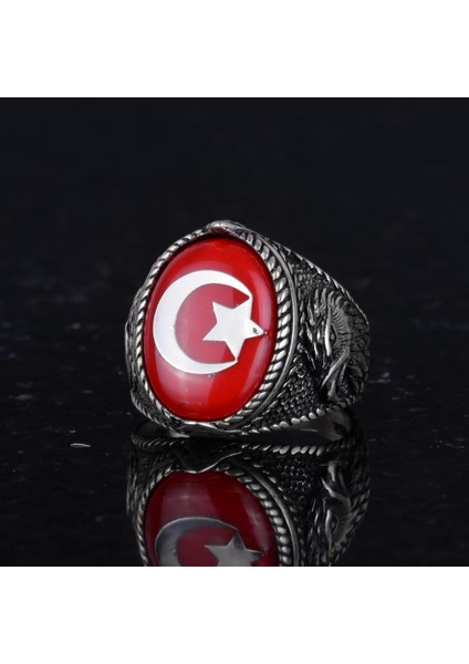 Erkek Ay Yıldız Kartal Yüzük - 925 Ayar Gümüş Yüzük - Hilal ve Yıldız Tasarımı - Türk Ay Yıldız Bayrağı Kartal Tasarım Yüzük (Kırmızı)