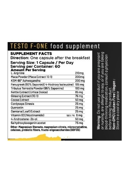 Testo Booster F-One KSM66 Ashw + Fenugreek + Maca +Arginine 60 Kapsül
