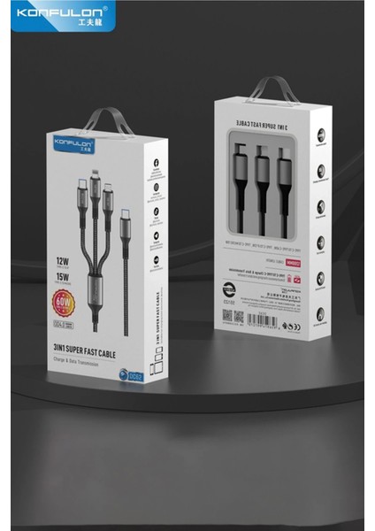 DC62 3in1 Type-C To 60W Type-C / 12W Lightning / 15W Micro 1.2m Hızlı Şarj Kablo - Siyah Gnzrz