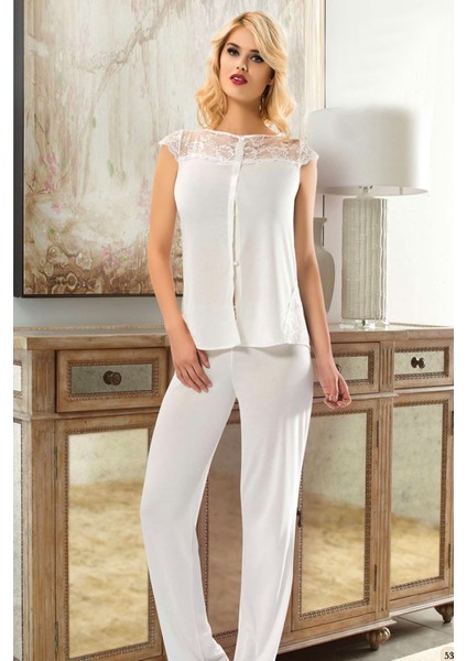 Ekru Penye Pijama Takımı - 1561 - Beden L Glstd