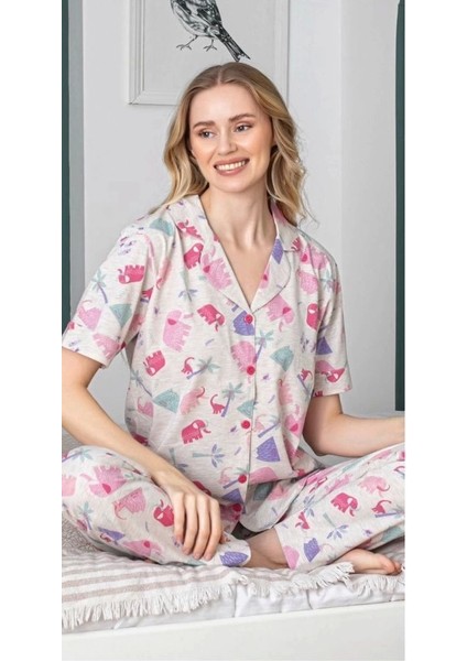 Kadın Fil Desenli Patlı Pijama Takımı
