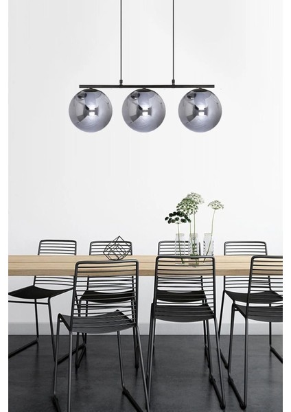 Sezar Salon - Mutfak - Yatak Odası Özel Tasarım Modern Sıralı 3 Lü Füme Glop Camlı Sarkıt Avize