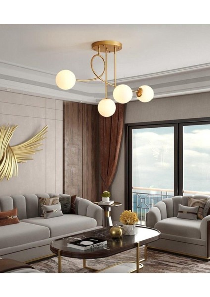 Jade Özel Tasarım Modern Spor Gold Renk Glop Beyaz Camlı Salon - Mutfak - Yatak Odası 4 Lü Avize