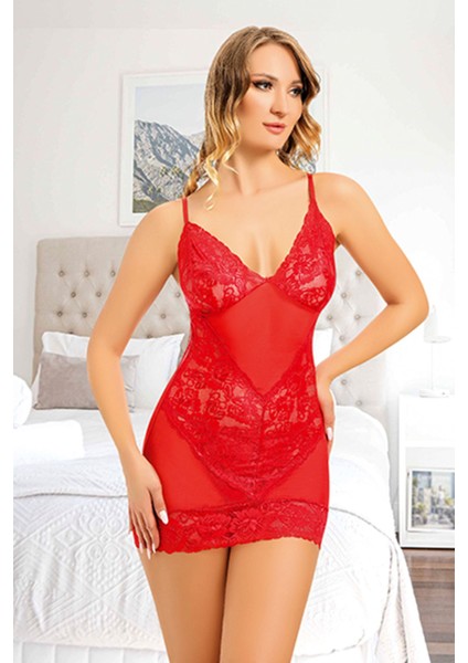 Kırmızı Lcralı Dantel Gecelik - 882 - Beden L/xl Glstd