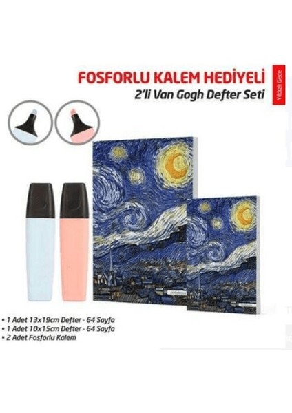 Ntt - 2'li Van Gogh Defter Seti - Yıldızlı Gece - 2'li Fosforlu Kalem Hediyeli