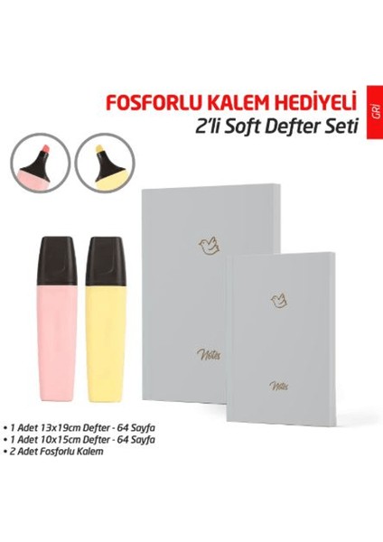 Ntt - 2'li Soft Defter Seti - Gri 2'li Fosforlu Kalem Hediyeli