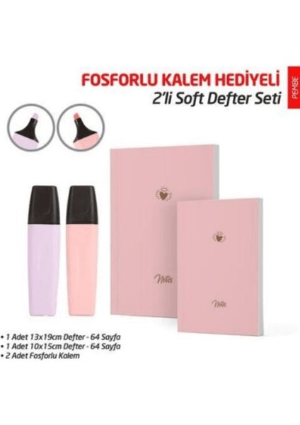 Ntt - 2'li Soft Defter Seti - Pembe 2'li Fosforlu Kalem Hediyeli