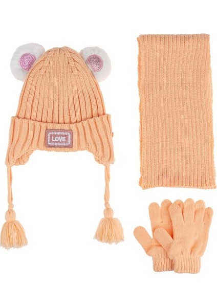 Kitti Bebe Kız Atkı Bere Eldiven Takım (1-4 Yaş) K24160-01 Şeftali