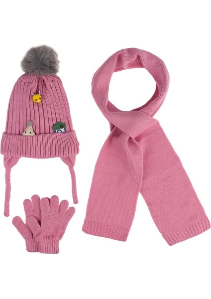 Kitti Bebe Kız Atkı Bere Eldiven Takım (1-4 Yaş) K24160-03 Pembe