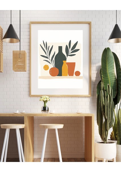 Modern Boho Natürmort Duvar Sanatı – Sıcak Nötr Mutfak Poster – Zeytin Yaprakları ve Meyve Tablo