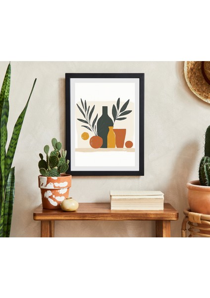 Modern Boho Natürmort Duvar Sanatı – Sıcak Nötr Mutfak Poster – Zeytin Yaprakları ve Meyve Tablo