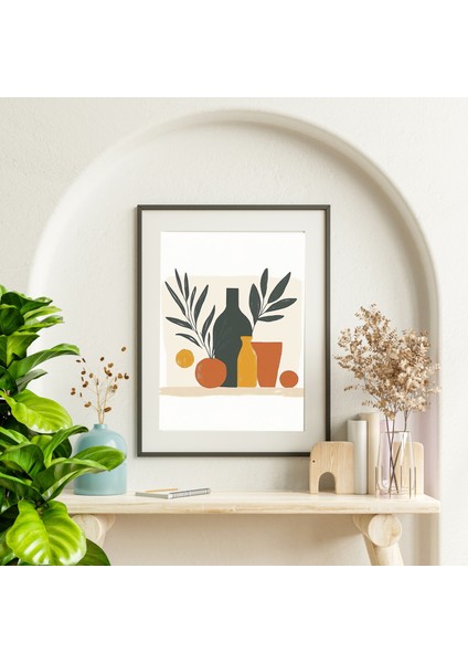 Modern Boho Natürmort Duvar Sanatı – Sıcak Nötr Mutfak Poster – Zeytin Yaprakları ve Meyve Tablo