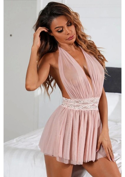 Marsilyan- Kadın Pembe Beli Dantelli ve Sırt Dekolteli Özel Gecelik