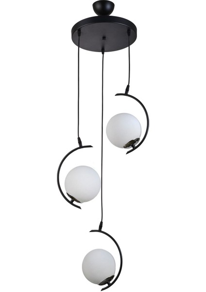 Juno Modern Tasarım Salon Mutfak Yatak Odası Siyah Renk Beyaz Camlı 3lü Avize