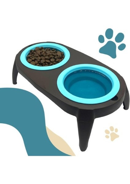Büro Ev Ofis Evcil Pet Hayvanı Için Iki Hazneli Katlanır Standlı Kedi Köpek Mama Kabı Seti