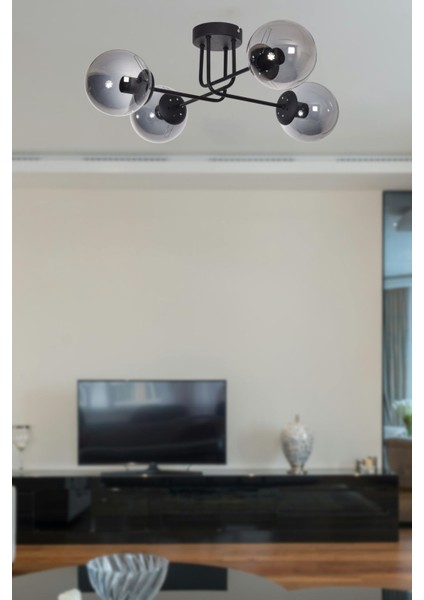 Safir Modern Tasarım Salon Yatak Odası Mutfak Siyah Renk Füme Camlı 4 Lü Avize