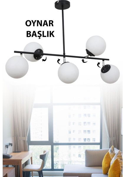 Lona 5 Li Siyah Oynar Başlıklı Avize Beyaz Glop Cam Modern Mutfak Yemek Masası Üstü Yatak Odası Sal