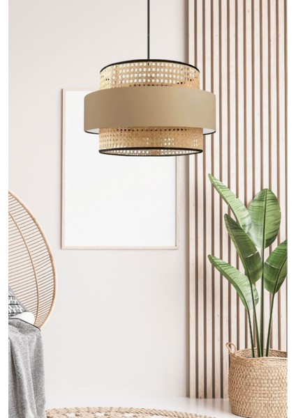 Bohem Triple Metal Kasalı Gerçek Rattan ve Kahve Kumaş Salon Avize Üç Katlı Pasta Yatak Odası Sarkı