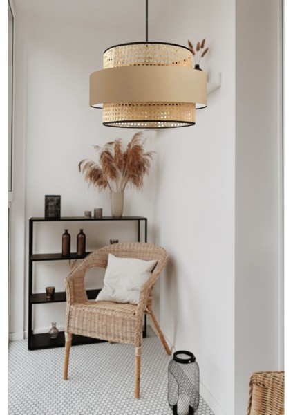 Bohem Triple Metal Kasalı Gerçek Rattan ve Kahve Kumaş Salon Avize Üç Katlı Pasta Yatak Odası Sarkı