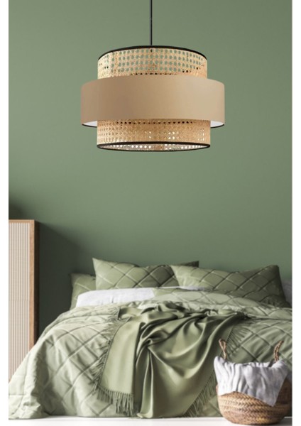 Bohem Triple Metal Kasalı Gerçek Rattan ve Kahve Kumaş Salon Avize Üç Katlı Pasta Yatak Odası Sarkı