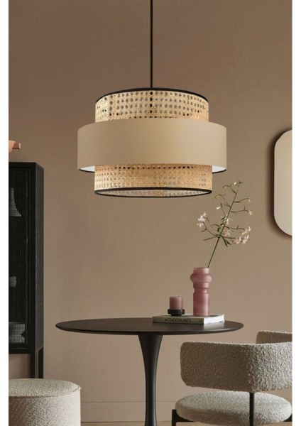 Bohem Triple Metal Kasalı Gerçek Rattan ve Kahve Kumaş Salon Avize Üç Katlı Pasta Yatak Odası Sarkı