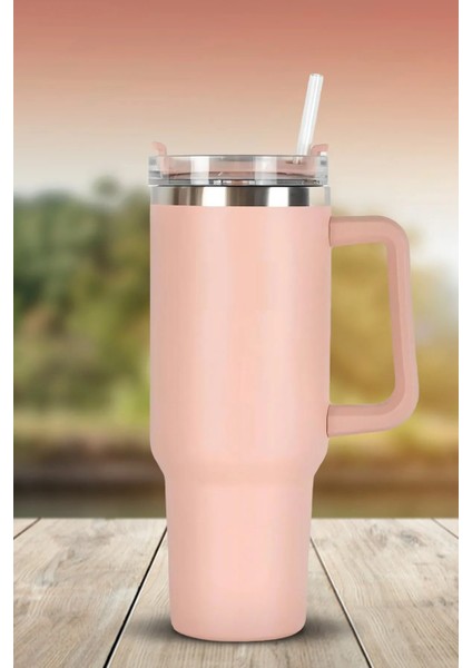 Büro Ev Ofis Yazlık Kamp Için 1,2lt Araç Bardaklığı Uyumlu Pipetli Çelik Bardak Termos