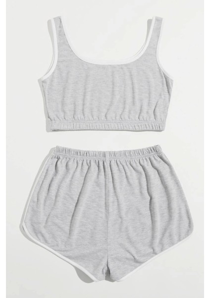 Marsilyan- Kadın Gri Askılı Crop Top ve Şortlu Gecelik Takım