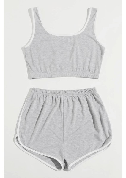 Marsilyan- Kadın Gri Askılı Crop Top ve Şortlu Gecelik Takım