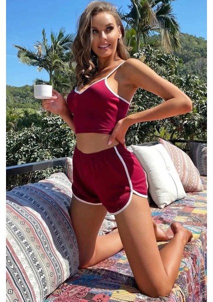 Marsilyan- Kadın Bordo Askılı Crop Top ve Şortlu Gecelik Takım