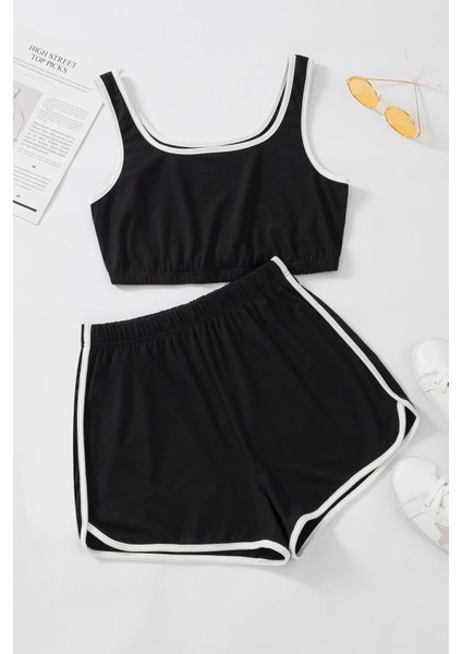 Marsilyan- Kadın Siyah Askılı Crop Top ve Şortlu Gecelik Takım
