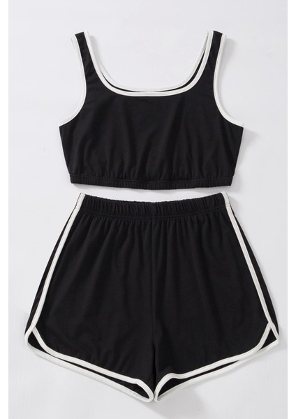 Marsilyan- Kadın Siyah Askılı Crop Top ve Şortlu Gecelik Takım