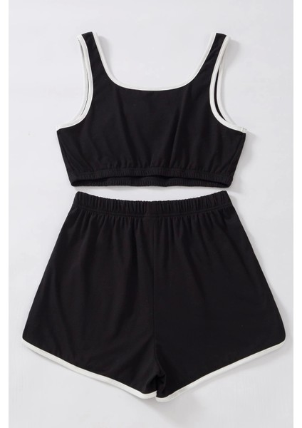 Marsilyan- Kadın Siyah Askılı Crop Top ve Şortlu Gecelik Takım