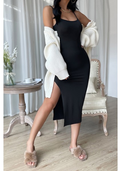 Kadın Siyah Yırtmaçlı Diz Altı Vücüdu Saran Gecelik indirimleri