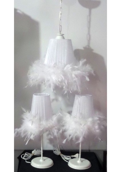 Beyaz 3lü Yatak Odası Tüylü Avize Abajur Seti fiyatları