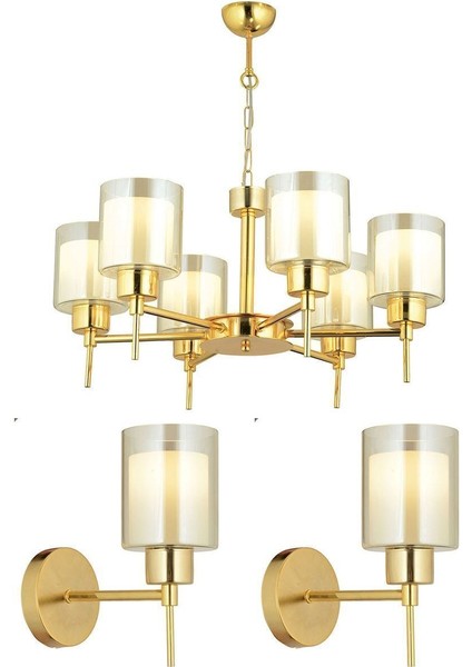 Cemre 6 Lı Gold Modern Tasarım Yatak Odası Salon Avize-Aplik Seti 3 Parça Avize-Aplik Seti Seti