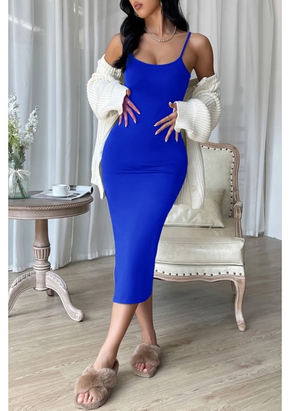 Kadın Mavi Yırtmaçlı Diz Altı Vücüdu Saran Gecelik fırsatları