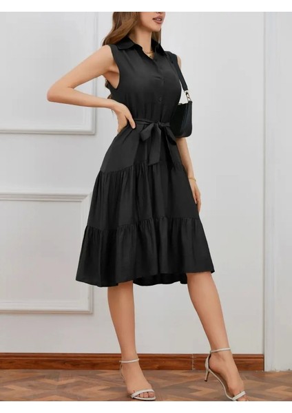 Kadın Kısa Kollu Gömlek Yaka Düğmeli Beli Kuşaklı Katlı Dokuma Midi Elbise fırsatları