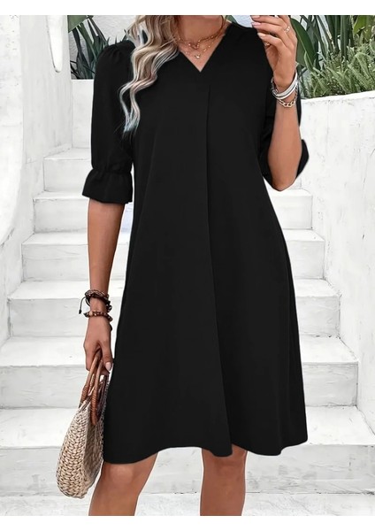 Kadın Kısa Kollu V Yakalı Salaş Janjan Krep Elbise fiyatları