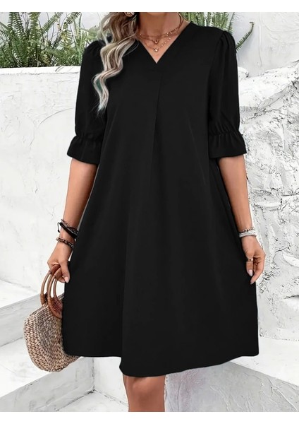 Kadın Kısa Kollu V Yakalı Salaş Janjan Krep Elbise fırsatları