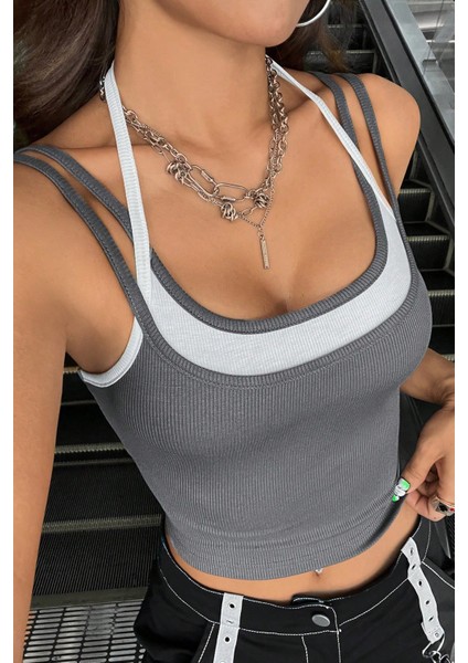 Kadın Antrasit Gri Beyaz Çift Renk Çapraz Askılı Crop Top Bluz