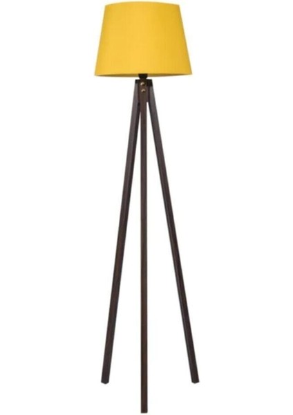 Ahşap Lambader 3 Ayaklı Tripod Abajur Kumaş Sarı Ceviz