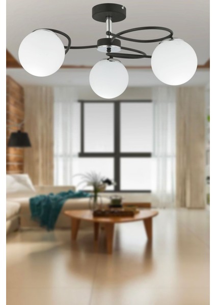 Rodonit 3lü Siyah Krom Beyaz Camlı Modern Sarkıt Genç Odası Yatak Odası Retro Salon Avize