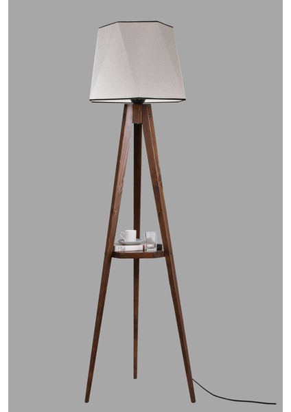Sehbalı Tripod Lambader Ceviz Altıgen Açık Hasır Gri Abajurlu
