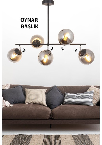 Lona 5 Li Siyah Oynar Başlıklı Avize Füme Glop Cam Modern Mutfak Yemek Masası Üstü Yatak Odası Salo