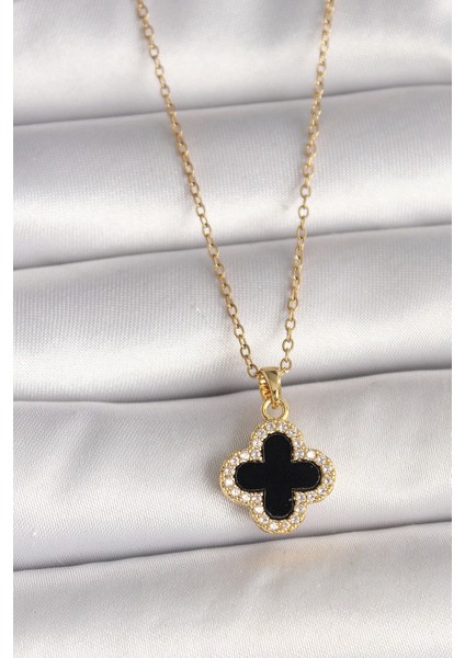 316L Çelik Gold Renk Zincir Zirkon Taşlı Yonca Model Kadın Kolye - TJ-BKO9990