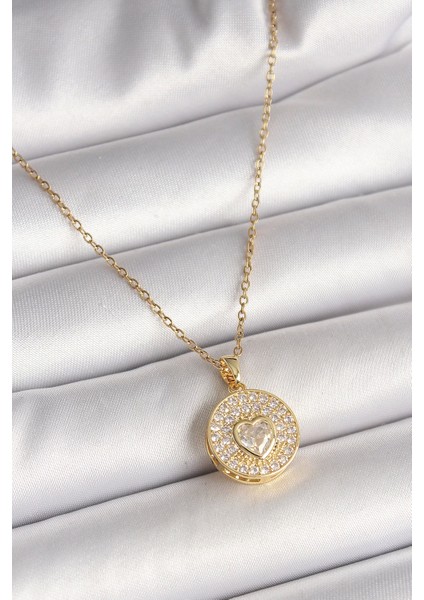 316L Çelik Gold Renk Zincir Madalyon Zirkon Taşlı Kalp Model Kadın Kolye - TJ-BKO9946