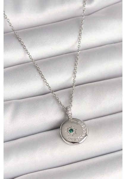 316L Çelik Gümüş Renk Zincir Madalyon Zirkon Taşlı Işlemeli Hilal Yıldız Model Kadın Kolye - TJ-BKO9953