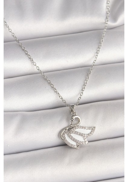 316L Çelik Gümüş Renk Zincir Zirkon Taşlı Kuğu Model Kadın Kolye - TJ-BKO9997