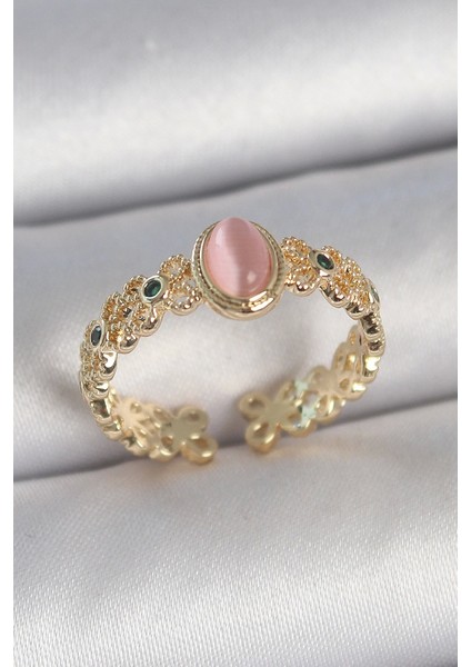 Pirinç Gold Renk Zirkon Taş Detaylı Pembe Mineli Damla Model Ayarlanabilir Kadın Yüzük - TJ-BYK3725